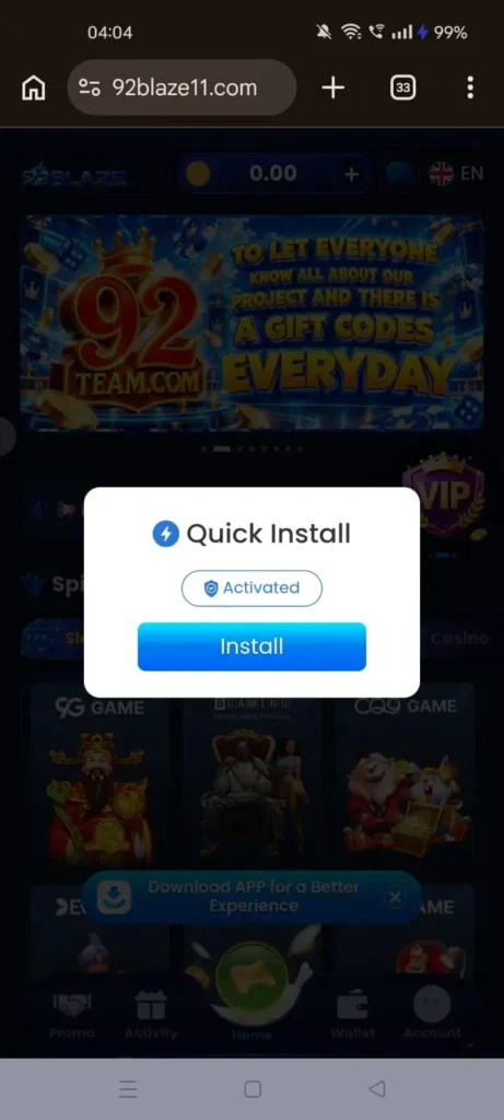 92Blaze Download APK image showing the mobile app installation process and APK download option
